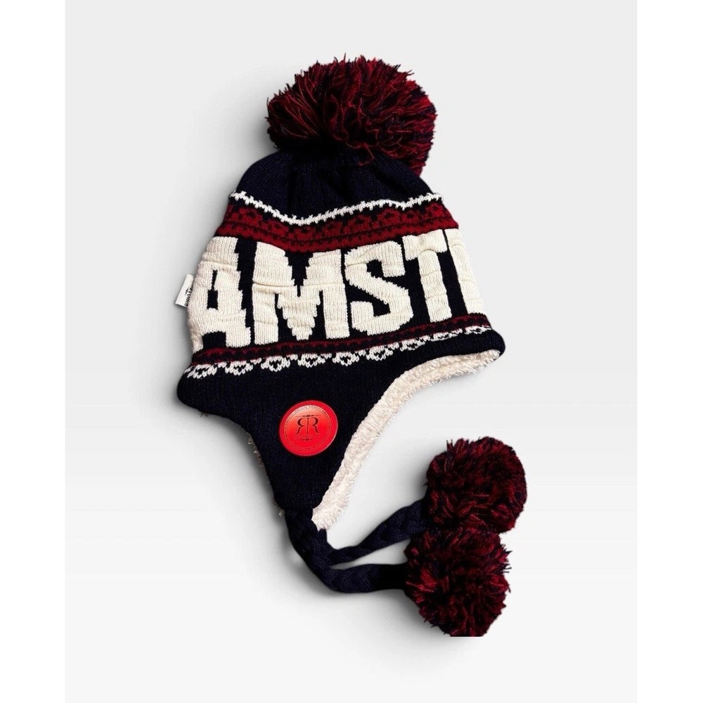 Robin Ruth Amsterdam Pom Pom Earflap Beanie Winter Hat Navy Red Cream